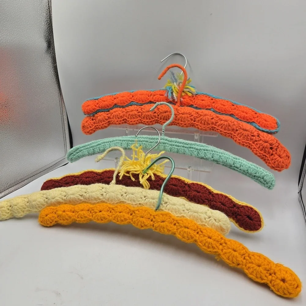 Crochet Knitted Hangers Grannycore Chic Lot of 6 VTG Handmade Wooden Countrycore